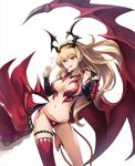  bare_shoulders blonde_hair blush breasts bridal_gauntlets demon_tail eruthika hairband heart heart_cutout highres horns large_breasts long_hair looking_at_viewer lord_of_vermilion milia_(lord_of_vermilion) navel open_mouth panties pointy_ears red_eyes red_legwear red_panties side-tie_panties single_thighhigh single_wing smile solo tail thighhighs underwear wings 