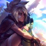  :&lt; artist_name brown_hair closed_mouth day facepaint from_side highres kienan_lafferty league_of_legends leg_hug nose outdoors riven_(league_of_legends) short_hair silver_hair sitting solo spiked_hair 