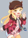  :d blonde_hair cabbie_hat coat fang fur_trim green_eyes hat highres horned_headwear idolmaster idolmaster_cinderella_girls jougasaki_rika long_hair looking_at_viewer necktie open_mouth sakura_akami shorts simple_background smile solo thighhighs v yellow_eyes yellow_legwear 