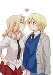  black_neckwear blonde_hair blue_eyes blue_sweater blush borrowed_garments darjeeling dress_shirt eye_contact girls_und_panzer hand_on_another's_shoulder heart jacket_on_shoulders kay_(girls_und_panzer) long_hair looking_at_another multiple_girls necktie red_skirt saunders_school_uniform shirt short_hair simple_background sketch skirt smile soramame_(corndog) st._gloriana's_school_uniform sweater v-neck v_arms white_background white_shirt 