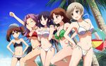  :d :o ^_^ alternate_costume armpits bad_id bad_pixiv_id ball bare_arms bare_shoulders beachball bikini black_hair blue_sky blush breasts chitose_(kantai_collection) chiyoda_(kantai_collection) cleavage closed_eyes coconut_tree collarbone commentary_request day eyebrows eyebrows_visible_through_hair fist_pump flat_chest frilled_bikini frills green_bikini grin hand_on_another's_shoulder hands_on_hips highres hiyou_(kantai_collection) holding holding_ball jun'you_(kantai_collection) kantai_collection large_breasts long_hair low_ponytail multiple_girls navel open_mouth outdoors palm_tree purple_hair red_bikini red_eyes ryuujou_(kantai_collection) shira-nyoro short_hair side-tie_bikini silver_eyes silver_hair sky smile swimsuit tree twintails visor_cap white_bikini 