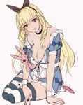  alice_(wonderland) alice_(wonderland)_(cosplay) alice_in_wonderland apron arm_support bare_shoulders blonde_hair breasts choker collarbone cosplay green_eyes large_breasts long_hair looking_at_viewer q_azieru simple_background sitting sketch solo stuffed_toy thighhighs white_background wrist_cuffs 