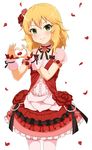  blonde_hair blush bow dress flower frilled_dress frills gloves green_eyes hair_ornament heart idolmaster idolmaster_cinderella_girls looking_at_viewer pantyhose petals rose_petals sakurai_momoka short_hair simple_background smile solo udan 