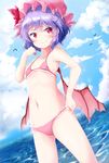  akisha bat_wings bikini bird blue_eyes blue_sky blush closed_mouth cloud cloudy_sky day flat_chest hat hat_ribbon highres looking_at_viewer mob_cap navel outdoors pink_bikini red_eyes red_ribbon remilia_scarlet ribbon short_hair sky smile solo sparkle standing swimsuit touhou water wings 