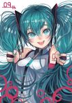  :d adjusting_hair commentary_request detached_sleeves green_eyes green_hair hatsune_miku highres long_hair looking_at_viewer navel open_mouth smile solo twintails vocaloid window1228 