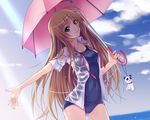  1girl beach blonde_hair blue_eyes female green_eyes long_hair looking_at_viewer natsuin original school_swimsuit sky smile solo sun swimsuit swimwear umbrella water 