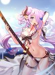  arm_up armpits between_legs bikini blue_eyes blush braid breasts cleavage collarbone commentary_request demon_horns draph frilled_bikini frills front-tie_top granblue_fantasy hair_ornament hair_over_one_eye holding holding_sword holding_weapon horns katana large_breasts lavender_hair long_hair looking_at_viewer low_tied_hair mouth_hold narmaya_(granblue_fantasy) navel pointy_ears ribbon ririko_(zhuoyandesailaer) side-tie_bikini smile solo swimsuit sword thigh_strap weapon white_bikini 