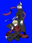  black_hair blonde_hair blue_background boots danganronpa danganronpa_3 grey_hair izayoi_sounosuke knife looking_at_viewer looking_back male_focus multicolored_hair multiple_boys red_eyes scarf shimada_(dmisx) simple_background sitting streaked_hair super_danganronpa_2 tanaka_gandamu 