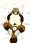  2019 anthro anus balls bed belly blush brown_fur butt canine censored erection fur green_eyes hi_res kuzunoha_0705 lying male mammal moobs nipples overweight overweight_male penis solo tanuki 