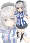  bad_id bad_twitter_id bangs black_legwear black_skirt blue_eyes blue_ribbon blush double_v employee_uniform eyebrows_visible_through_hair full_body hair_between_eyes hair_ribbon highres kantai_collection kashima_(kantai_collection) kneehighs lawson long_hair looking_at_viewer name_tag nayuhi_(yukimuu14) pleated_skirt ribbon shirt silver_hair skirt smile solo striped striped_ribbon striped_shirt thighhighs twintails two_side_up uniform v vertical-striped_shirt vertical_stripes white_background white_ribbon zoom_layer 