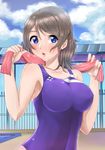 absurdres blacbear blue_eyes blush breasts brown_hair competition_swimsuit highres large_breasts lips love_live! love_live!_sunshine!! one-piece_swimsuit pool purple_swimsuit red_towel short_hair solo swimsuit towel watanabe_you 