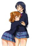  blazer blue_hair brown_hair hug jacket kousaka_honoka love_live! love_live!_school_idol_project multiple_girls one_side_up pleated_skirt skirt sonoda_umi udan yellow_eyes 