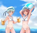  2girls beach bikini blue_eyes blush breasts groin hat kanabun kantai_collection multiple_girls navel nipples ocean red_eyes red_hair small_breasts tanline white_hair z1_leberecht_maass_(kantai_collection) z3_max_schultz_(kantai_collection) 