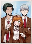  2boys bangs blazer blue_eyes blue_sky brown_eyes crossed_arms danganronpa danganronpa_3 green_eyes green_hair hair_intakes hair_tousle hand_on_another's_head jacket kibougamine_gakuen_school_uniform multiple_boys munakata_kyousuke one_eye_closed orange_hair ponytail sakakura_juuzou school_uniform shimada_(dmisx) short_hair silver_hair sky smile swept_bangs younger yukizome_chisa 