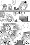  1boy 3girls 4koma admiral_(kantai_collection) balloon braid chair closed_eyes comic commentary commentary_request crown french_braid gas_tank greyscale hair_between_eyes hat kantai_collection long_hair military military_hat military_uniform mini_crown mini_hat monochrome multiple_girls pola_(kantai_collection) speech_bubble spoken_ellipsis translated uniform warspite_(kantai_collection) wasu wavy_hair wavy_mouth zara_(kantai_collection) 