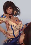  absurdres armlet bare_shoulders black_choker bracelet breasts brown_eyes brown_hair brown_legwear choker cleavage crossed_legs ctrlz77 dark_skin earrings eye_of_horus facial_tattoo garter_straps gold hair_ornament hair_tubes hand_on_hip highres huge_breasts jewelry long_hair necklace no_bra overwatch pendant pharah_(overwatch) ring sitting smile solo tattoo thighhighs zettai_ryouiki 