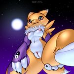  2016 anthro breasts digimon female fur looking_at_viewer moon nipples pussy renamon solo star xylas yellow_fur 