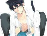  1boy 2boys black_hair blue_eyes cat_ears cat_tail collarbone free! looking_at_viewer multiple_boys nanase_haruka_(free!) open_shirt pov shirt text translated twitter_username white_background 