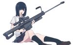  akagawa007 anti-materiel_rifle bad_id bad_pixiv_id bangs barrett_m82 black_hair black_legwear blue_eyes blunt_bangs cardigan_vest eyebrows eyebrows_visible_through_hair gun highres holding holding_gun holding_weapon kneehighs loafers looking_at_viewer open_mouth original rifle school_uniform scope shoes short_sleeves simple_background sitting skirt sniper_rifle solo trigger_discipline weapon white_background 