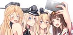  :d ;d bismarck_(kantai_collection) blonde_hair blue_eyes blush brown_hair cellphone commentary_request crown detached_sleeves grey_eyes hairband hat headgear iowa_(kantai_collection) japanese_clothes kantai_collection kongou_(kantai_collection) long_hair mini_crown multiple_girls nontraditional_miko one_eye_closed open_mouth peaked_cap phone self_shot smile star star-shaped_pupils symbol-shaped_pupils untsue warspite_(kantai_collection) 