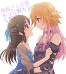  blonde_hair brown_eyes brown_hair choker fingerless_gloves gloves hair_ribbon half_updo heart heart_choker idolmaster idolmaster_cinderella_girls jewelry long_hair mochiya_marosuke multicolored_hair multiple_girls necklace ninomiya_asuka open_mouth pink_hair purple_eyes ribbon sweatdrop tachibana_arisu torn_clothes torn_sleeves translated two-tone_hair 