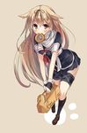  beige_background black_serafuku blonde_hair blush doughnut eyebrows eyebrows_visible_through_hair food hair_flaps hair_ornament kantai_collection kurokage long_hair mouth_hold pastry_box red_eyes remodel_(kantai_collection) school_uniform serafuku short_sleeves simple_background solo yuudachi_(kantai_collection) 