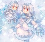  blue_scarf braid character_doll full_body gen_5_pokemon gloves hair_tubes long_hair looking_at_viewer moe_(hamhamham) open_mouth outstretched_hand personification pokemon red_eyes scarf smile snowflakes standing vanilluxe white_hair winter_clothes 