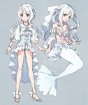  bad_id bad_twitter_id bare_shoulders bracelet breasts brown_eyes cleavage detached_sleeves dewgong dress full_body gen_1_pokemon high_heels horn jewelry long_hair medium_breasts mermaid moe_(hamhamham) monster_girl multiple_views navel necklace pokemon pokemon_(creature) standing white_dress white_hair wide_sleeves 