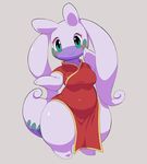  absurd_res anthro anthrofied blush breasts chibi chinese_clothing chinese_dress clothing dress female goodra green_eyes grey_background hi_res looking_at_viewer nintendo pok&eacute;mon simple_background smile solo thick_thighs video_games wide_hips xmu 