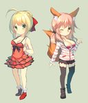  ;o ahoge animal_ears black_legwear blonde_hair blush breasts chibi cleavage craytm dress fate/extra fate_(series) fox_ears fox_tail frilled_dress frills green_background green_eyes long_hair looking_at_viewer medium_breasts modern_costume_of_crimson multiple_girls nero_claudius_(fate) nero_claudius_(fate)_(all) one_eye_closed pink_hair red_dress short_hair simple_background tail tamamo_(fate)_(all) tamamo_no_mae_(fate) thighhighs yellow_eyes zettai_ryouiki 