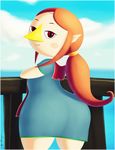  animal_humanoid avian avian_humanoid beak big_butt blush butt cloud female hair half-closed_eyes humanoid looking_back medli nintendo pointy_ears red_eyes red_hair rito signature sirredbenjamin smile solo the_legend_of_zelda video_games wind_waker 