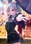  cowboy_shot drill_hair gothic_lolita idolmaster idolmaster_cinderella_girls kanzaki_ranko lens_flare lolita_fashion long_hair looking_at_viewer outstretched_arm parasol red_eyes silver_hair smile solo twin_drills twintails umbrella zha_tu 