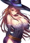  bad_id bad_twitter_id bare_shoulders breasts brown_eyes brown_hair cleavage detached_sleeves dragon's_crown dress gan_(shanimuni) hat highres huge_breasts long_hair solo sorceress_(dragon's_crown) strapless strapless_dress white_background witch_hat 