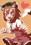  animal_ears blush brown_hair cat_ears cat_tail chen dress earrings hat heart jewelry juliet_sleeves long_sleeves maru-sun mob_cap multiple_tails open_mouth puffy_sleeves red_dress red_eyes solo tail touhou two_tails 
