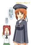  2girls ^_^ ^o^ anchor breasts brown_eyes brown_hair closed_eyes commentary_request cosplay girls_und_panzer green_skirt hat hiromon kadotani_anzu kantai_collection long_sleeves medium_breasts multiple_girls name_tag neckerchief nishizumi_miho no_panties ooarai_school_uniform open_mouth red_hair sailor_hat school_uniform serafuku simple_background skirt speech_bubble spoken_ellipsis translated twintails white_background z3_max_schultz_(kantai_collection) z3_max_schultz_(kantai_collection)_(cosplay) 