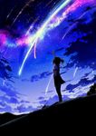  hair_ribbon highres kimi_no_na_wa miyamizu_mitsuha night night_sky reaching ribbon school_uniform sky sogawa solo star_(sky) 