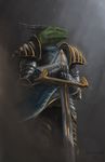  anthro armor dragon green_scales grey_background hi_res holding_object holding_weapon horn male melee_weapon ridged_horn scales simple_background solo standing sword themefinland weapon yellow_eyes 