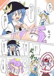  blonde_hair blue_hair blush closed_eyes comic covering_face fan folding_fan food fruit hat hinanawi_tenshi multiple_girls nagae_iku open_mouth peach pointing pointing_at_self purple_hair shamisen_(syami_sen) siblings sisters touhou translation_request watatsuki_no_toyohime watatsuki_no_yorihime 