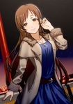  adjusting_hair belt brown_eyes brown_hair coat dutch_angle idolmaster idolmaster_cinderella_girls jewelry long_hair looking_at_viewer necklace nitta_minami pendant smile solo upper_body zha_tu 