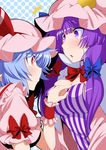  blue_hair bow breasts chestnut_mouth cleavage commentary_request eichi_yuu hair_bow hair_ribbon hat highres large_breasts long_hair mob_cap multiple_girls parted_lips patchouli_knowledge purple_eyes purple_hair red_eyes remilia_scarlet ribbon short_hair touhou wrist_cuffs 