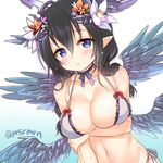  bikini black_hair blue_eyes blush breasts cleavage dutch_angle feathered_wings flower hair_flower hair_ornament horns large_breasts marshmallow_mille navel neck_ribbon persephone_(p&amp;d) pointy_ears puzzle_&amp;_dragons ribbon solo swimsuit twitter_username upper_body wings 