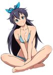  antenna_hair bikini black_hair blue_bikini blue_eyes breasts ganaha_hibiki highres idolmaster idolmaster_(classic) indian_style jabara_tornado long_hair looking_at_viewer medium_breasts ponytail simple_background sitting smile solo swimsuit white_background 