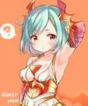  :o ? arm_up armpits blue_hair blush breasts dress horns marshmallow_mille medium_breasts puzzle_&amp;_dragons red_eyes saria_(p&amp;d) short_hair solo spoken_question_mark twitter_username upper_body 