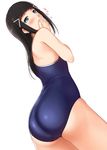  ass black_hair blue_eyes blush competition_school_swimsuit covering_mouth from_side hair_ornament hairclip highres kurosawa_dia long_hair love_live! love_live!_sunshine!! mole mole_under_mouth nozomi-y one-piece_swimsuit school_swimsuit sidelocks solo swimsuit 