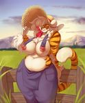  2016 anthro areola big_breasts breasts buxbi buxbi_(character) clothed clothing cloud feline female fence hair hat huge_breasts looking_at_viewer mammal mountain nipple_piercing nipples outside piercing solo tiger 
