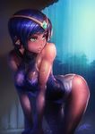  adapted_costume artist_name ass backlighting bare_arms bare_legs bare_shoulders bent_over blue_hair blue_leotard blush breast_squeeze breasts dark_skin emerald gem green_eyes headpiece highres karma_(league_of_legends) league_of_legends leotard medium_breasts parted_lips phantom_ix_row rain red_lips see-through short_hair signature sleeveless solo thigh_gap water water_drop wet wet_clothes 