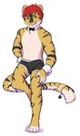  2016 4_toes bow_tie bulge chest_tuft clip_on_tie clothing ethriol feline fur green_eyes hair licking licking_lips looking_at_viewer male mammal matt orange_fur red_hair simple_background solo stripes tiger toes tongue tongue_out tuft underwear 