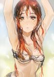  absurdres arms_up bikini brown_eyes highres long_hair looking_at_viewer okuto original red_hair sketch solo swimsuit torn_clothes wet 