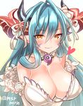  aqua_hair breasts cleavage covered_nipples dress heart horn_ribbon horns large_breasts long_hair marshmallow_mille pointy_ears puzzle_&amp;_dragons ribbon satsuki_(p&amp;d) solo twitter_username wedding_dress yellow_eyes 