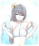  bikini_top blush breasts brown_hair flower green_eyes hair_flower hair_ornament half-closed_eyes long_hair looking_at_viewer masato_(mirai_koubou) navel sketch small_breasts smile solo swimsuit tamasaka_makoto tokyo_7th_sisters upper_body 